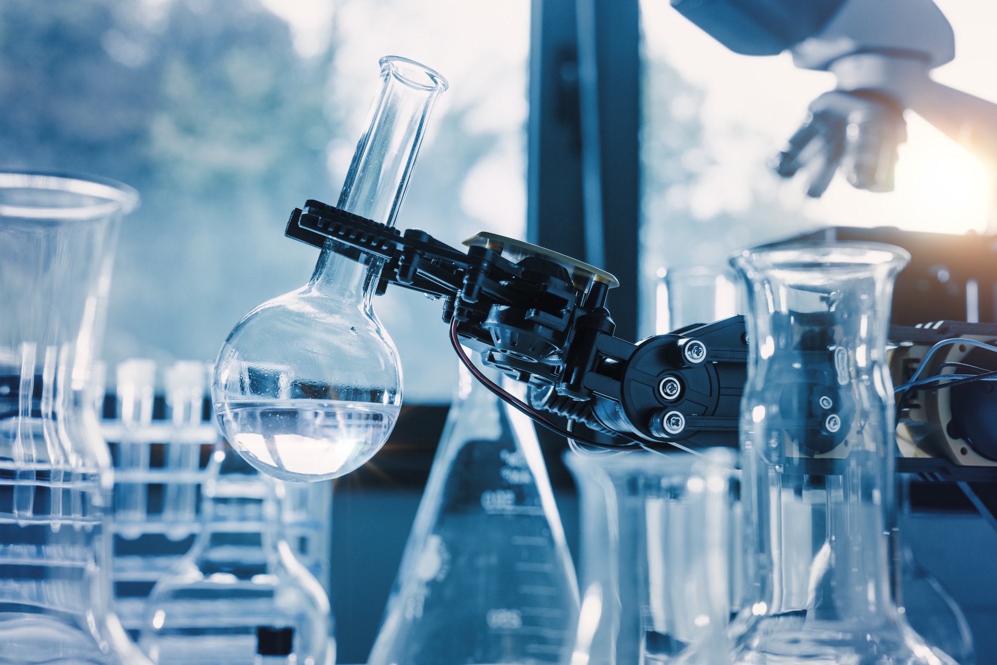 A Robot in a chemical laboratory assists humans in the most dangerous operations.