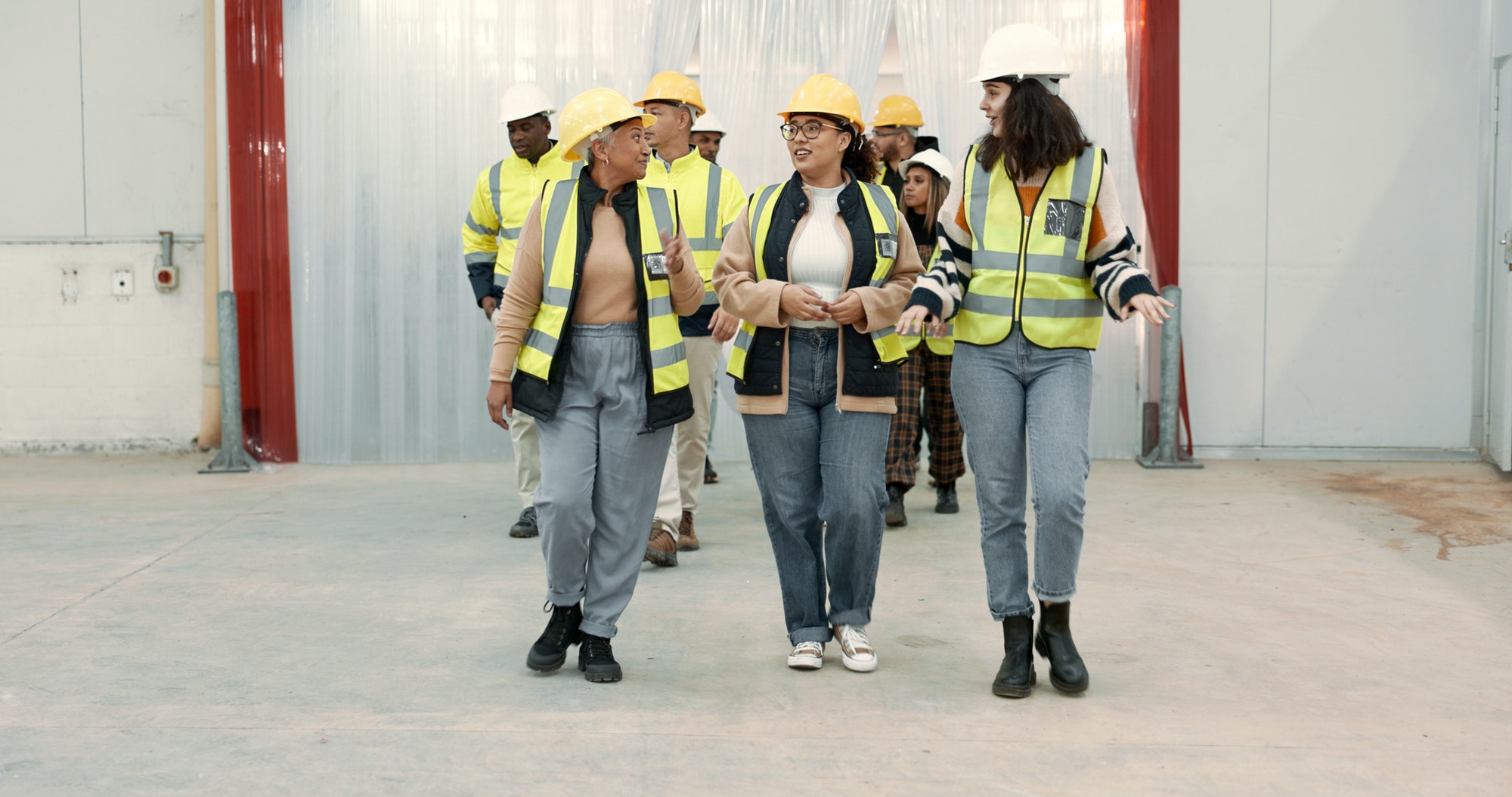 Engineering group, manager walking and warehouse inspection, teamwork and talking of project manage