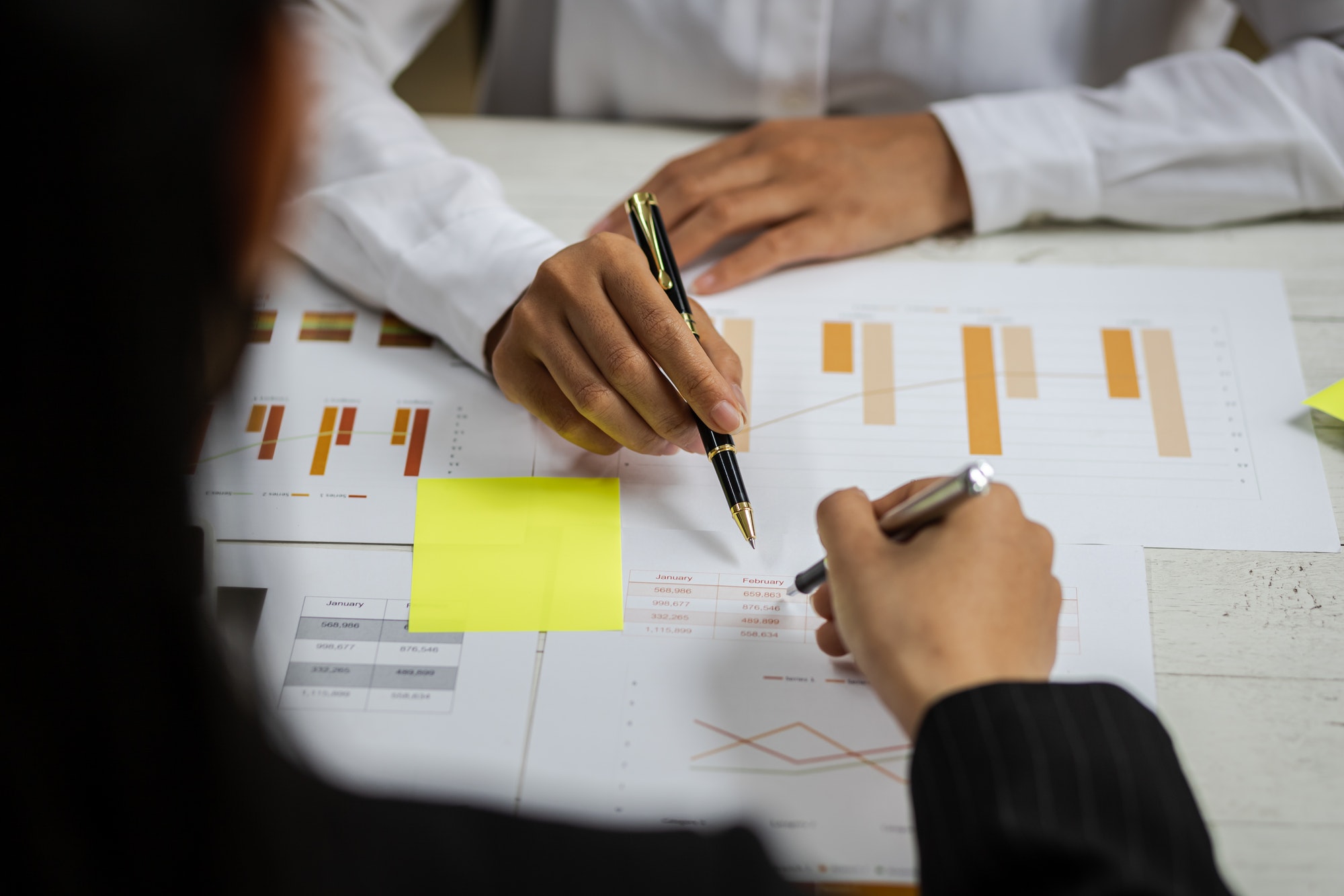 Discussions on analyzing numbers, business reports and project budget management.